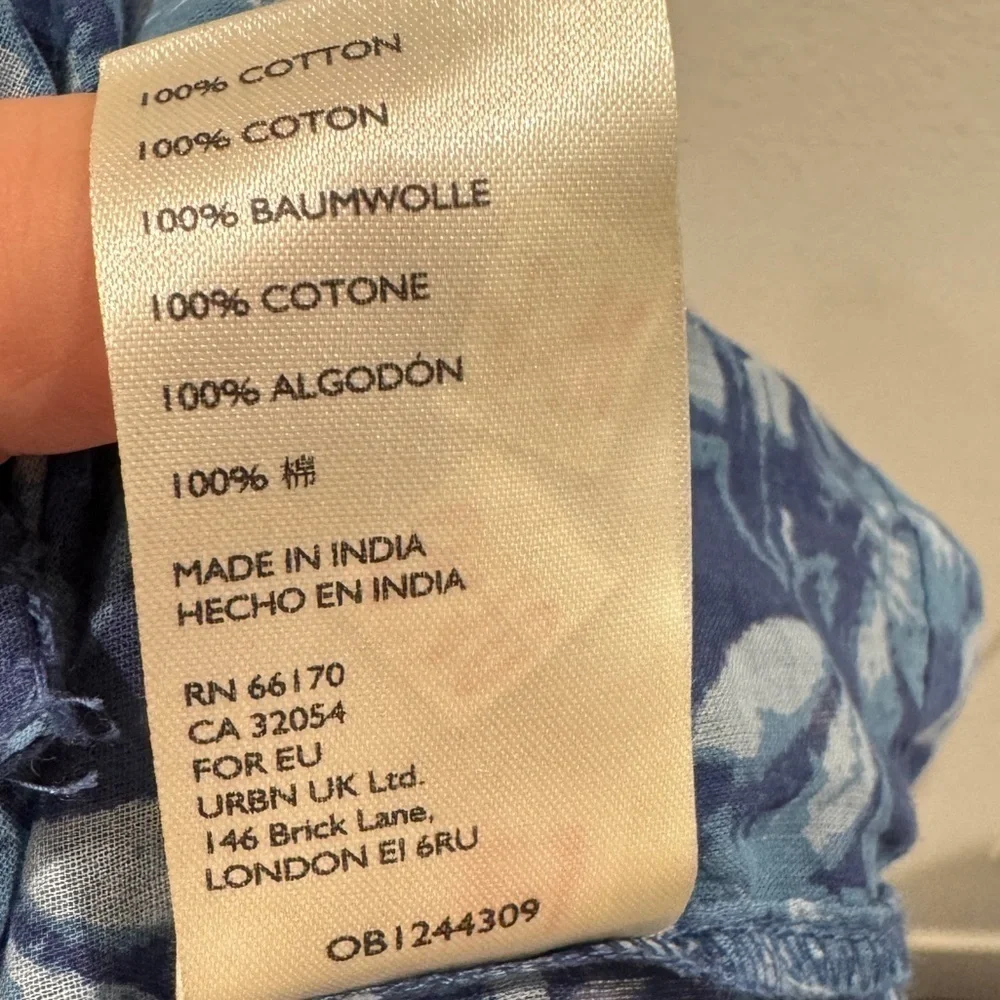 Free People Cool Meadow Blue Floral 100% Cotton Button Front Peasant Blouse XS